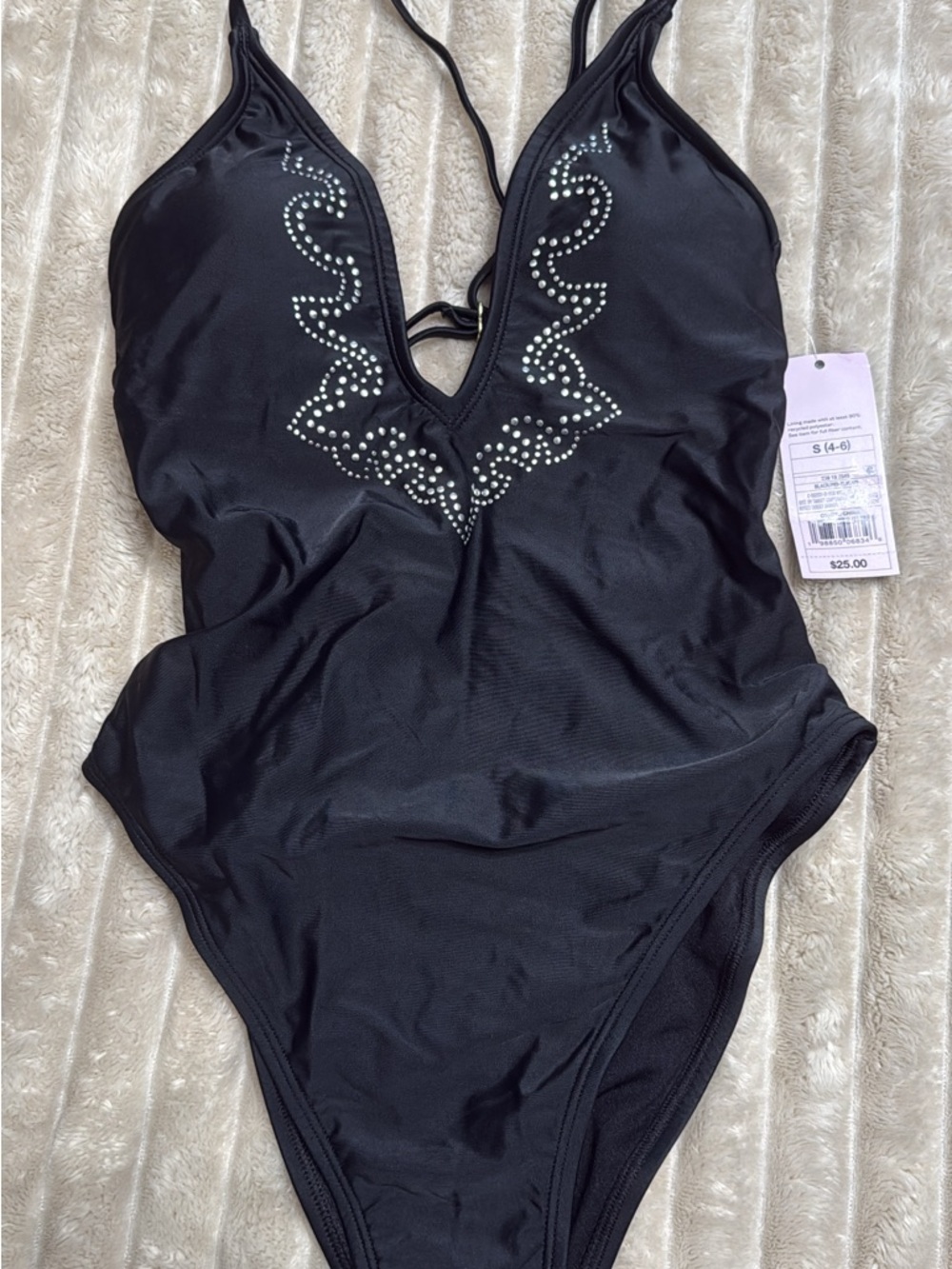 Woman’s Black One-Piece Swimsuit with Rhinestone Detail